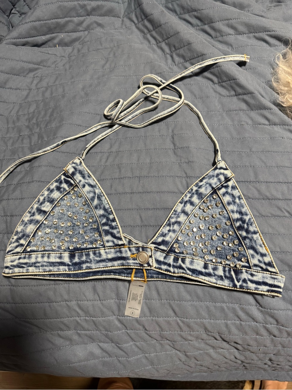 Fashion Nova Studded Acid-Wash Denim Triangle Bralette - Blue